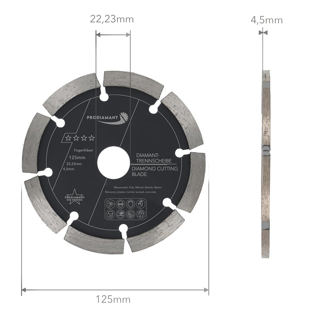 PRODIAMANT Fugenfräser ø 125mm Breite 4,5mm Frässcheibe für Mauerwerk Mörtel Fugen und Putz 10mm Seg