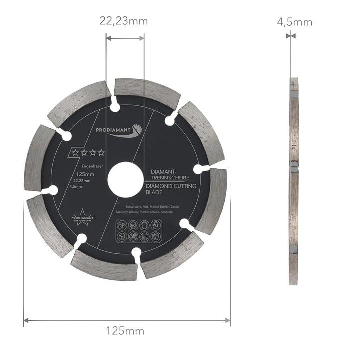 PRODIAMANT Fugenfräser ø 125mm Breite 4,5mm Frässcheibe für Mauerwerk Mörtel Fugen und Putz 10mm Seg