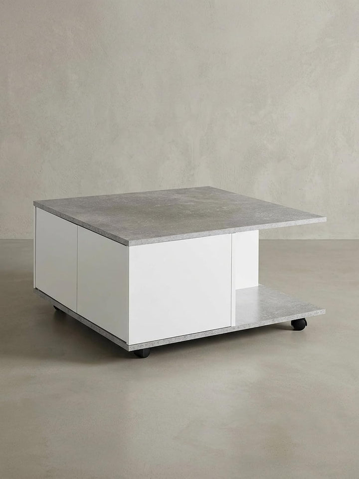 Couchtisch RAPIDO: 70x70x36,5 cm, 2 Schubladen, Rollen, Melaminharzbeschichtung, Weiss/Anthrazit Far