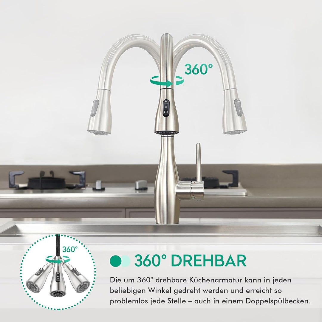 CREA Touch Sensor Wasserhahn Küche, Küchenarmatur mit Ausziehbarer Brause, Mischbatterie Küche mit 3