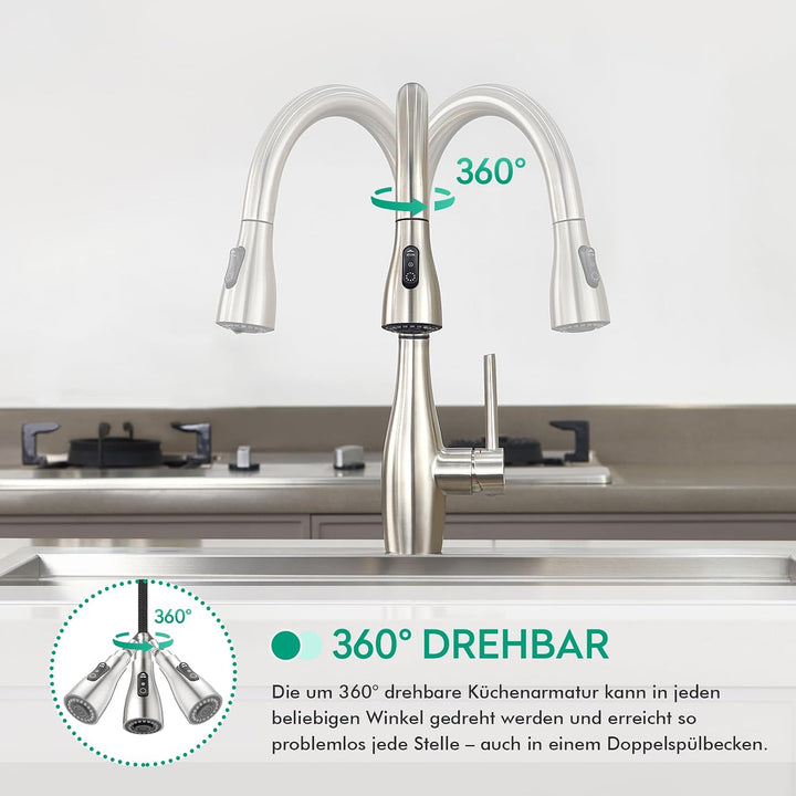 CREA Touch Sensor Wasserhahn Küche, Küchenarmatur mit Ausziehbarer Brause, Mischbatterie Küche mit 3