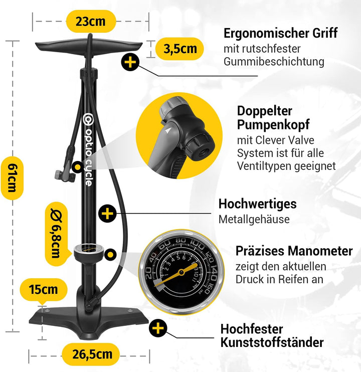 Optio Cycle Fahrradpumpe für alle Ventile Luftpumpe für Fahrrad Standpumpe mit Grossem Manometer bis
