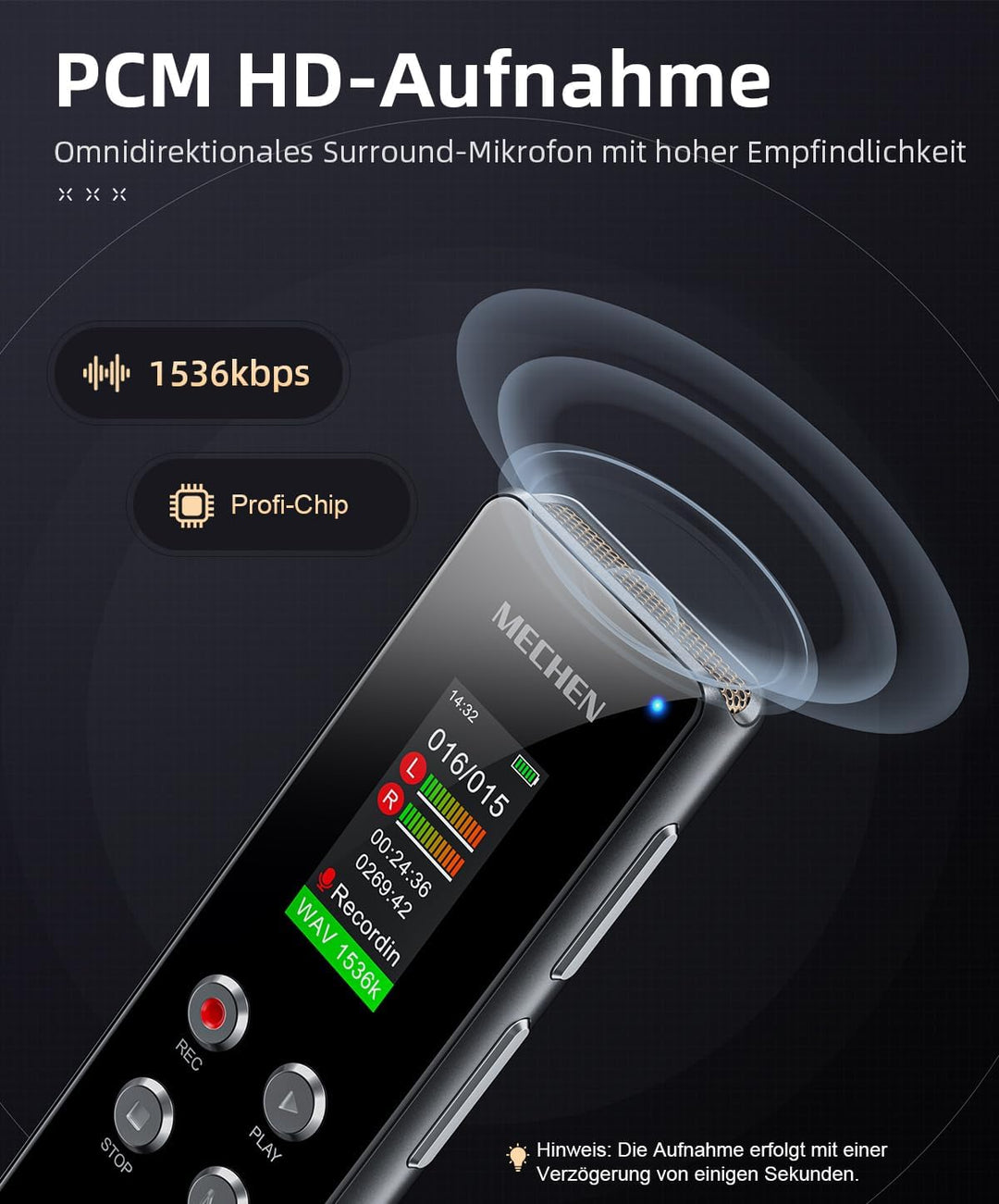 MECHEN V01 128GB Diktiergerät, Sprachrekorder VOR-Aufnahme, Passwortschutz, Automatische Rauschunter