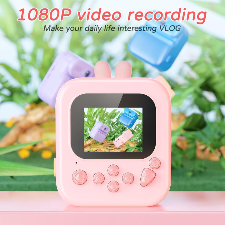Kinder Sofortbildkamera mit Sofortdruck, 48MP (Kaninchen-Rosa) | Kinderkamera mit Druckpapier, 1080P