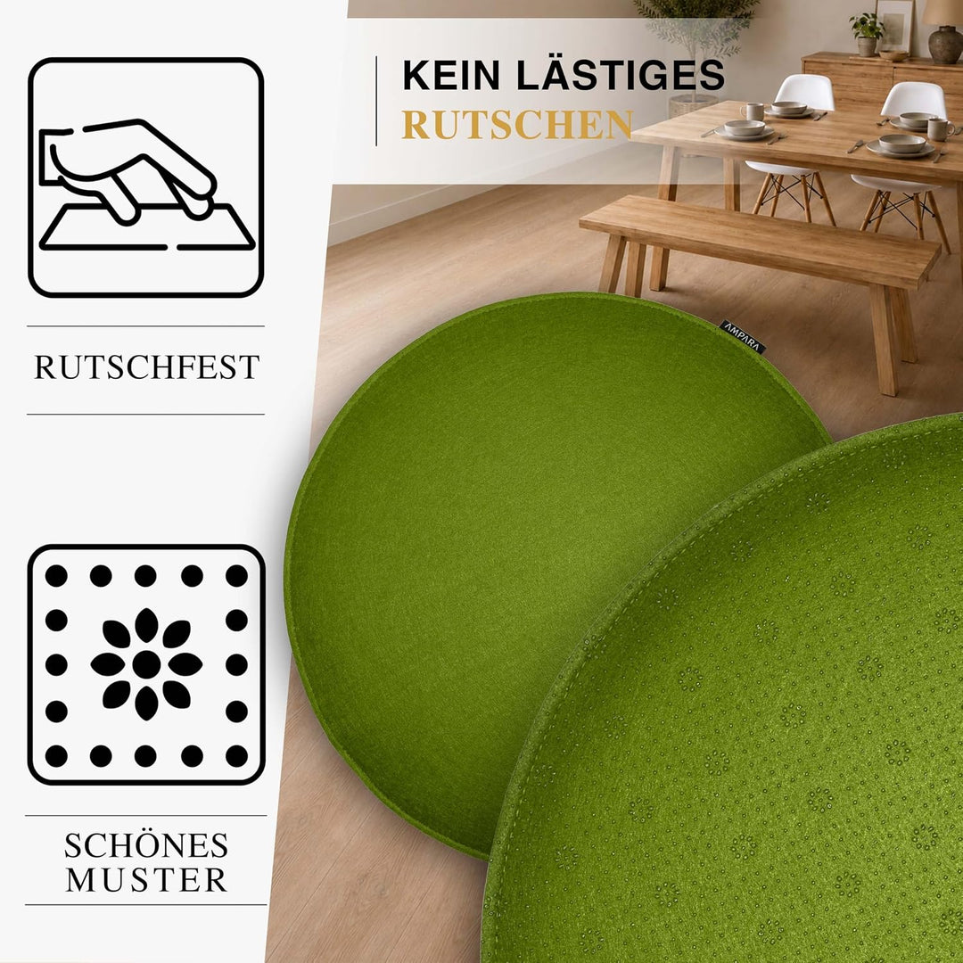 4er Set - Edle Stuhlkissen rund 40cm - rutschfest &amp; gemütlich, Stuhlauflage rund aus Filz, Grün, Grü