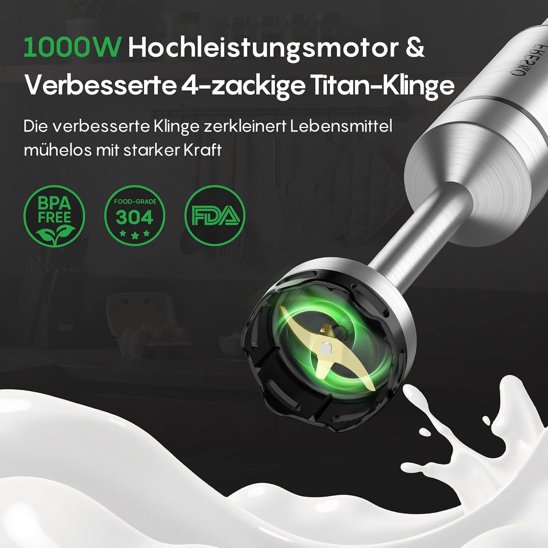FRESKO Stabmixer 1000W, Pürierstab Edelstahl mit Schutzhülle für Kochgeschirr & 700 ml Messbecher, S
