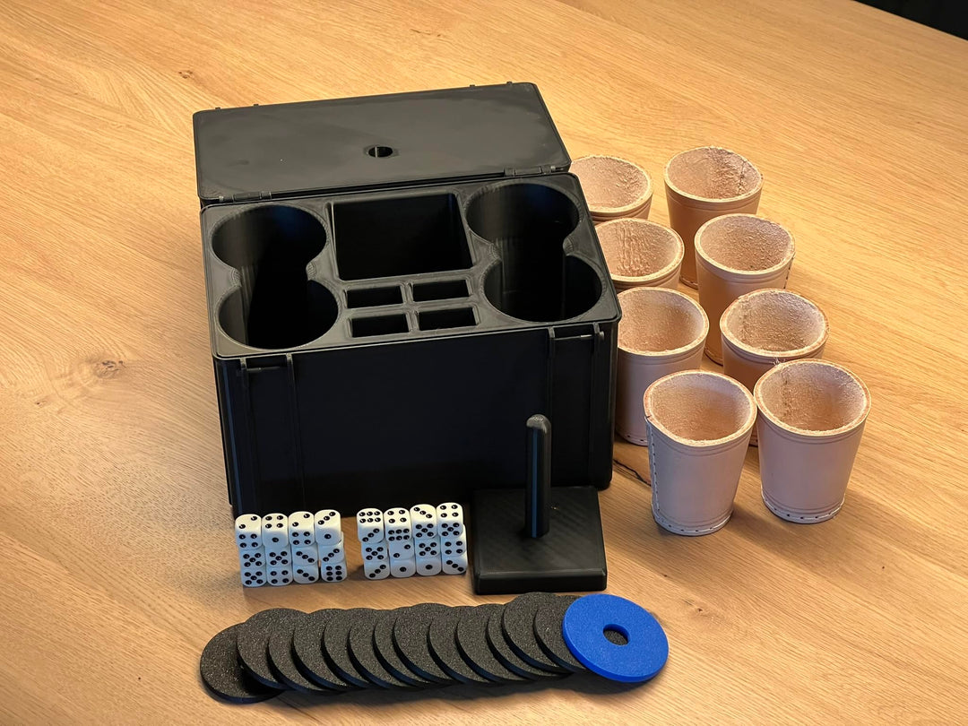 Selfmade Schockbesteck mit Box + Würfel + Becher - Knobelbesteck Schocken Knobeln (Schock Achter, Bl