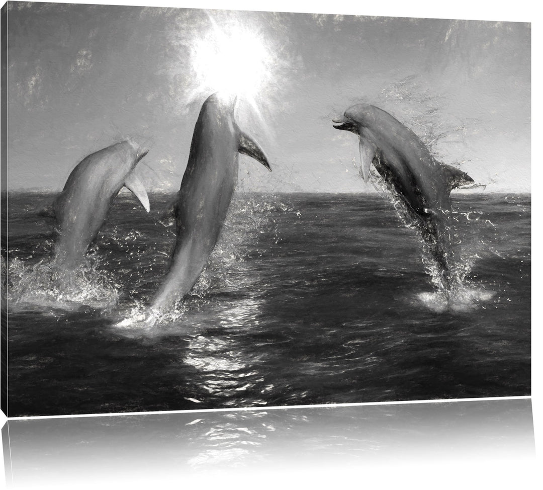 Pixxprint springende Delphine im Meer Kohle Effekt, Format: 100x70 auf Leinwand, 100x70
