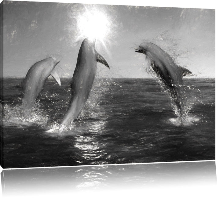 Pixxprint springende Delphine im Meer Kohle Effekt, Format: 100x70 auf Leinwand, 100x70