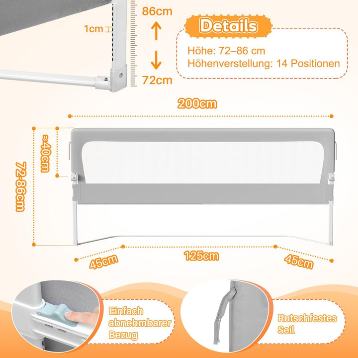 Rausfallschutz Bett, Rausfallschutz Boxspringbett, Bettgitter höhenverstellbar 72-86 cm, zusammenkla