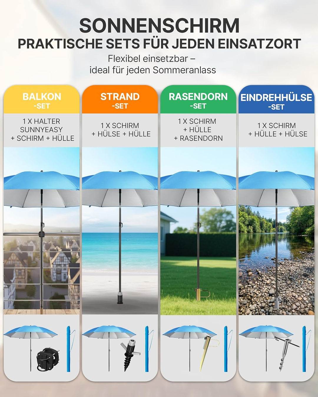 4smile Strandschirm SunnyJoy, Ø 180 cm Blau - UPF 50+ Sonnenschirm Strand, Sonnenschirm Balkon - Str