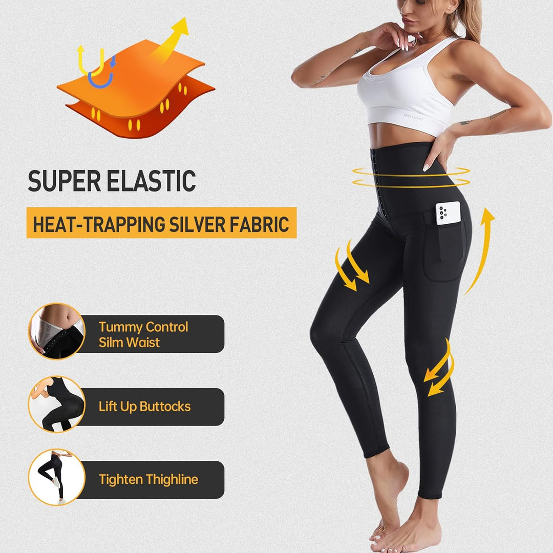 Merlvida Schwitzhose zum Abnehmen Sauna Leggings Damen High Waist Sportleggins mit Taschen Hot Therm