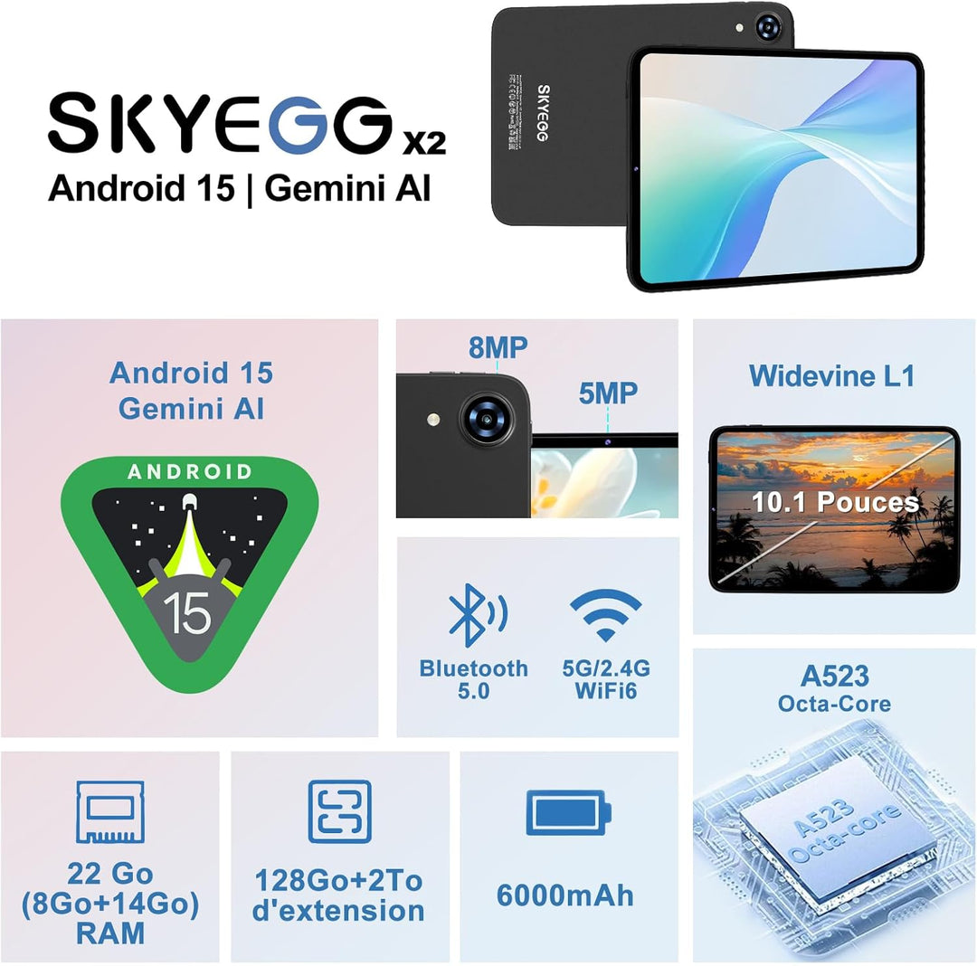 Android 15 Tablet 10 Zoll mit 22 GB RAM + 128 GB ROM (erweiterbar bis zu 1 TB), Widevine L1, Octa-Co