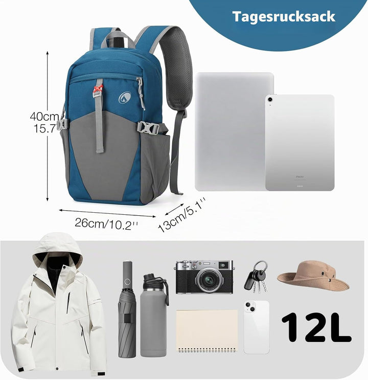 12L Wanderrucksack Klein Leichter, Kleiner Rucksack Lässig Herren Damen, Mini Daypacks für Wandern R