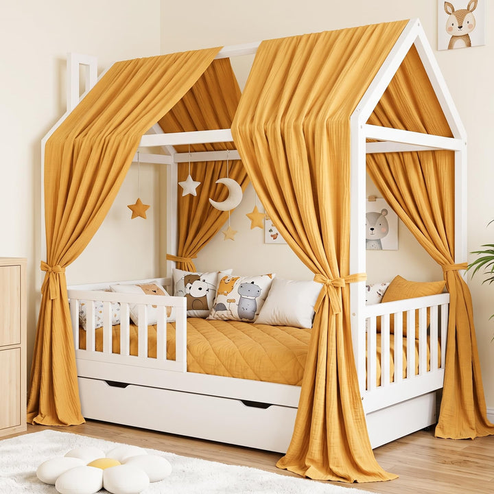 Hausbett Himmel - Betthimmel Hausbett aus 100% Baumwolle Musselin, Hausbett Vorhang für Kinderbett,