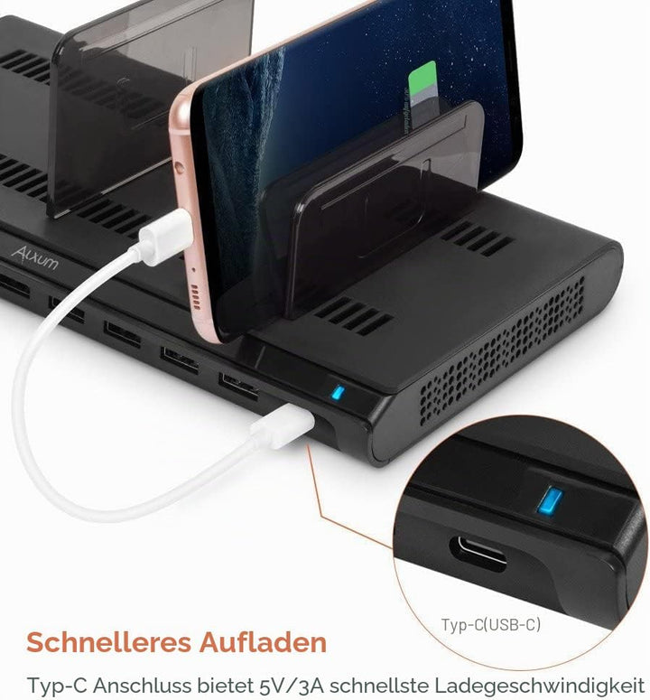 Alxum 120W USB Multi Mobile Ladestation mit QC 3.0 Schnellladung &amp; Typ C-Handy-Ladestation mit 10 An
