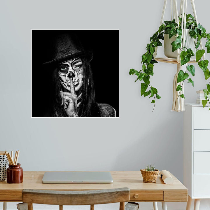 wandmotiv24 Poster als Wanddeko, Grösse 50x50cm, Model mit Totenkopf Makeup, Schminke, Grüne Augen,