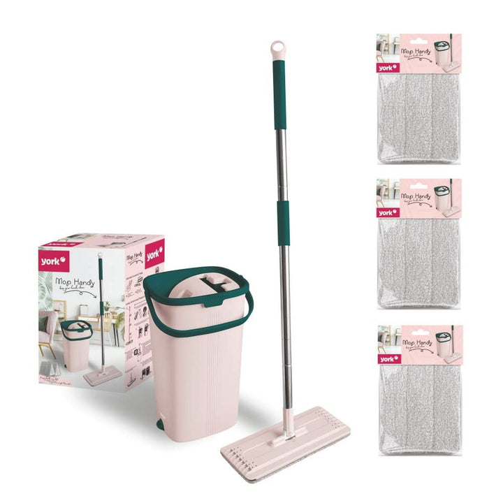 York - Mopp Flach | Ausgedrückt mit Eimer | Handy von York | Rosa-grün | Standard | 3-Austauschbarer