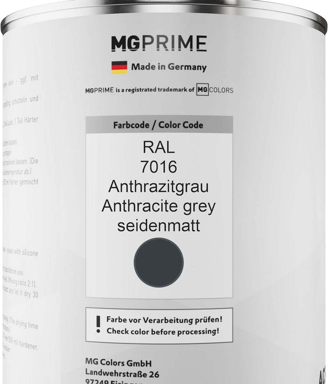 MG PRIME RAL 7016 Anthrazitgrau/Anthracite grey seidenmatt Acryl-Lack 1,5 Liter / 1500 ml Dose inkl.