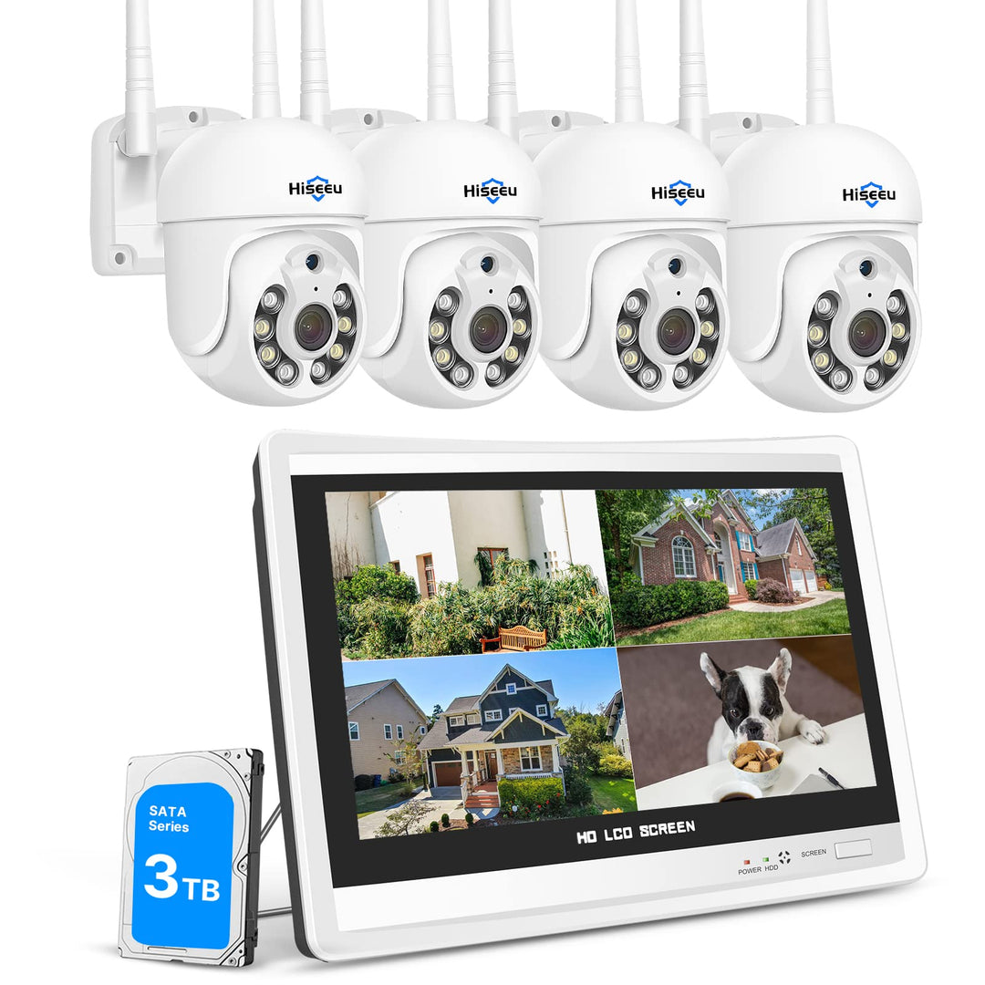 【5MP+PTZ】 Hiseeu Überwachungskamera Set Aussen WLAN mit 12''Monitor 10CH Wireless NVR,4 Pcs 5MP PTZ