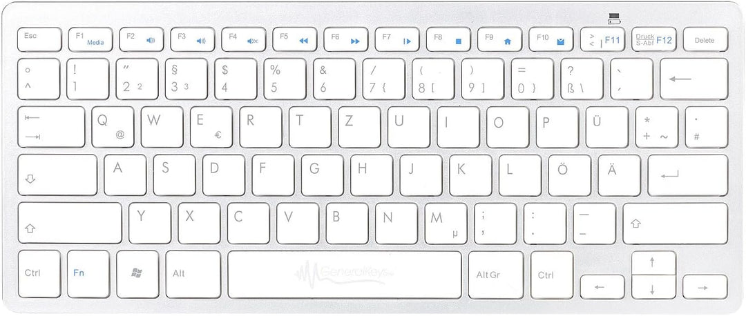 GeneralKeys Kabellose Tastatur: Set: Schlanke Funk-Tastatur mit Scissor-Tasten im Alu-Look &amp; Funk-Ma