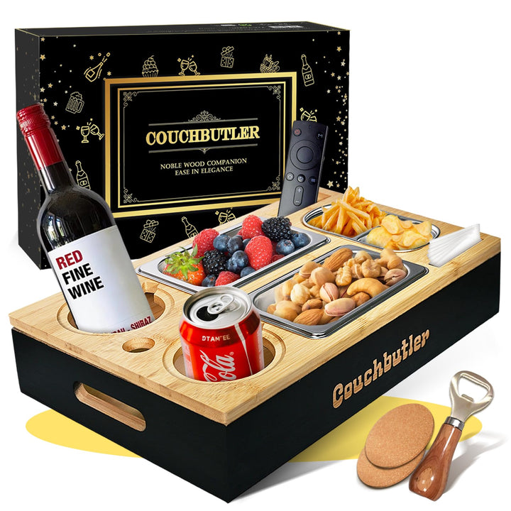 Couchbar Snackbox, Couch Tablett mit Geschenkbox, Couch Butler, Sofa Tablett mit 2 Snackschalen, Get