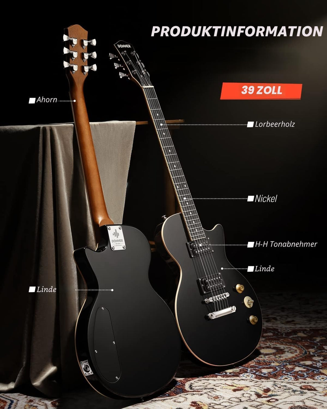 Donner E-Gitarre Set E Gitarren LP-Stil 39 Zoll Voller Grösse mit Tasche, Gurt, Kabel (Schwarz), Sch