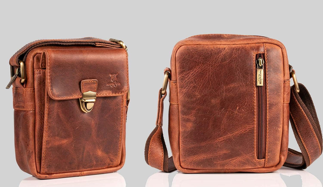 MATADOR kleine kompakte Leder Umhängetasche Herren Ledertasche Schultertasche Vintage Tan Braun, Tan