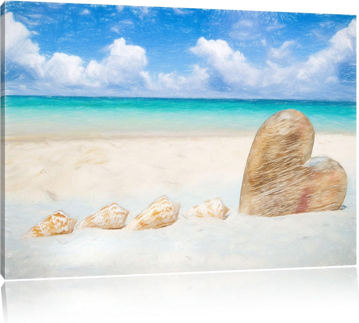 Pixxprint Weisser Sandstrand mit Muscheln Bunstift Effekt, Format: 100x70 auf Leinwand, XXL riesige