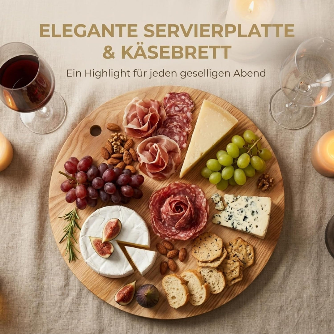 INNOVAHOME Pizzabrett 35cm Holz Rund - Massives Servierbrett Esche Geölt - Pizzateller & Käsebrett -
