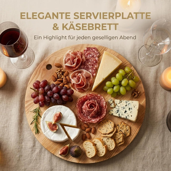 INNOVAHOME Pizzabrett 35cm Holz Rund - Massives Servierbrett Esche Geölt - Pizzateller & Käsebrett -