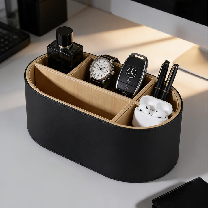 KINGFOM Schreibtisch Organizer aus Leder, Stiftehalter mit 5 Fächern, Ovaler Büro Organizer für Stif