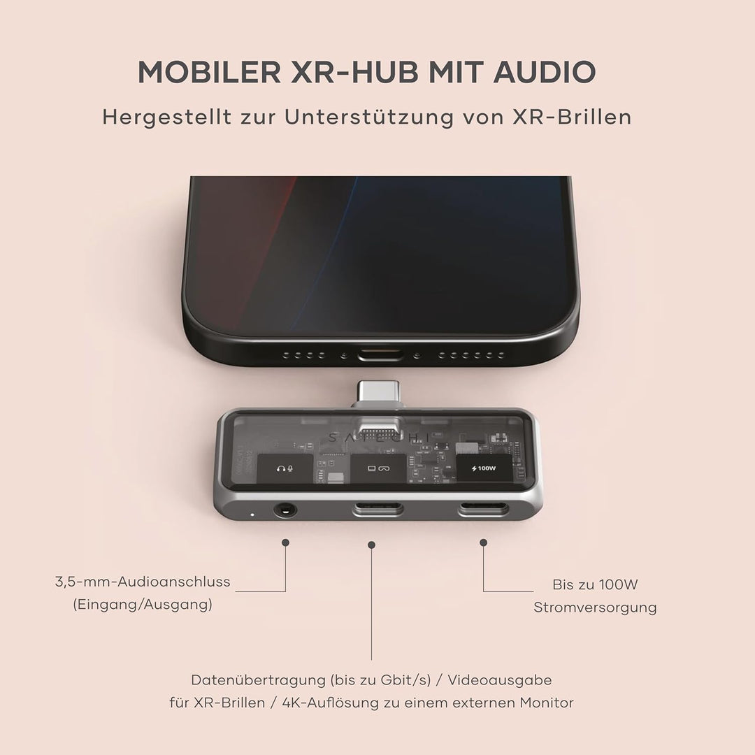 SATECHI USB-C Mobil Hub 4-in-1, 4K HDMI, 100W PD Ladefunktion, 10-Gbit/s-Datenübertragung, 3,5mm Aud