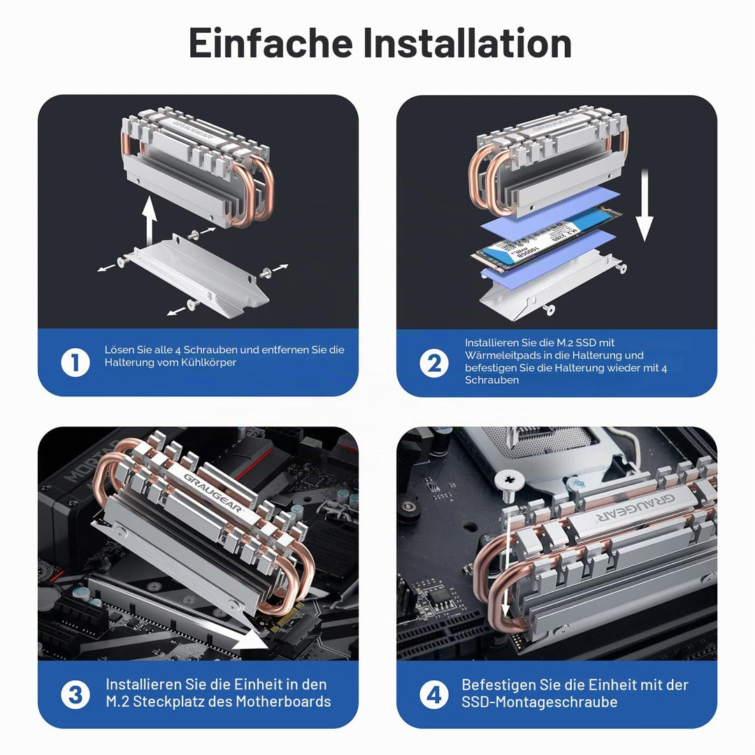 GRAUGEAR M.2 2280 NVMe SATA SSD Kühlkörper, Direct Touch Heatpipe, Dual-Kupfer-Heizrohre, Aluminiuml