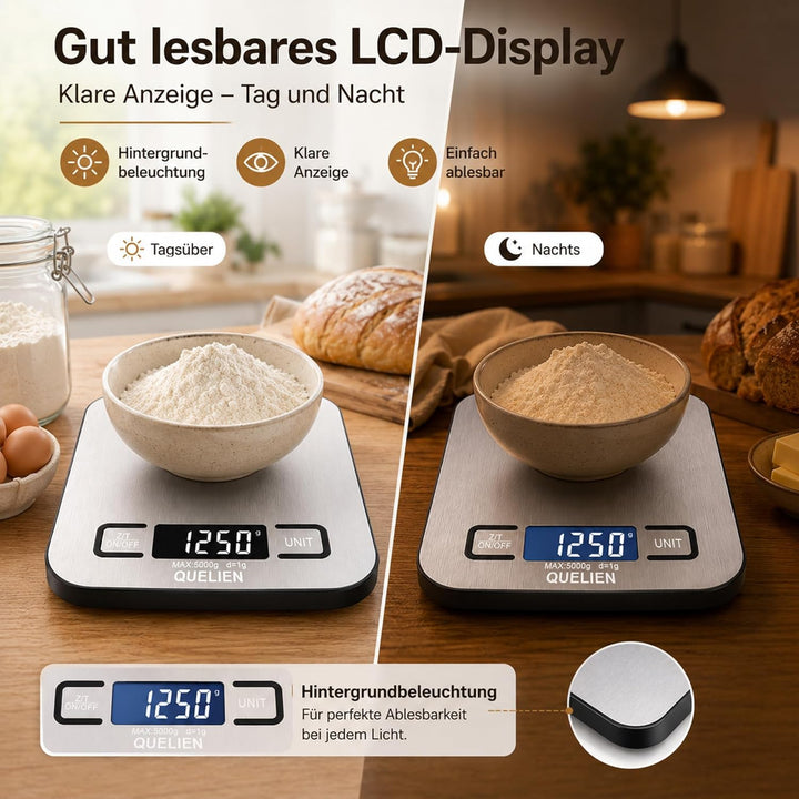 Digitale Küchenwaage Aus Edelstahl, USB-Aufladbar, 5 kg/1 g Präzision, 6 Einheiten, Tara-Funktion, L