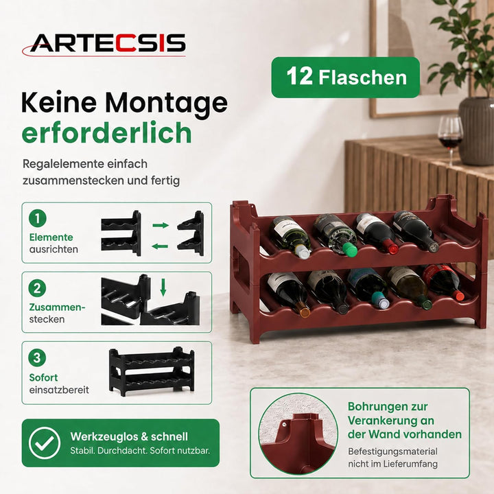 ARTECSIS Weinregal stapelbar Kunststoff für 12 Flaschen, stabiles Flaschenregal in Gastronomie-Quali