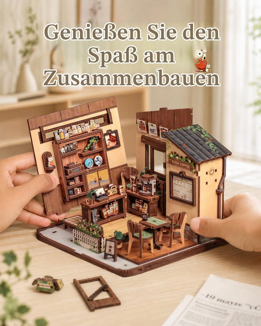 Book Nook Kit - Miniatur Puppenhaus mit LED: 3D Holz-Puzzle Buchstütze, Retro-Deko für Bücherregal,