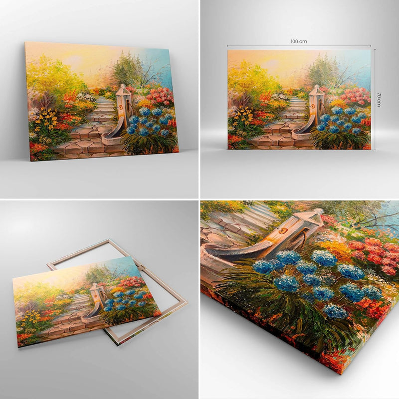 ARTTOR Bilder auf Leinwand 100x70cm Leinwandbild Garten Blumen Sommer Gross Wanddeko Bild Schlafzimm