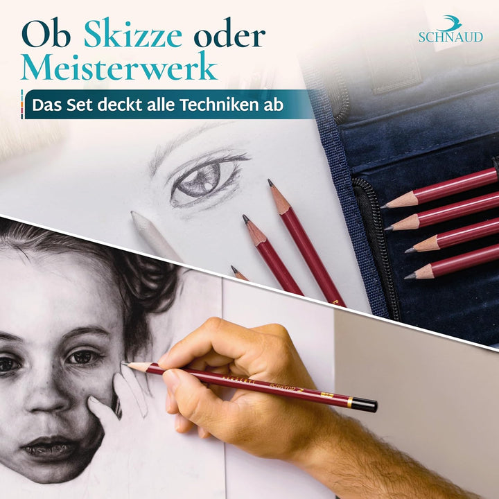 SCHNAUD Zeichenset für Anfänger mit Online-Kurs – 7 Bleistifte, 2 Kohlestifte und Zeichnen Zubehör,