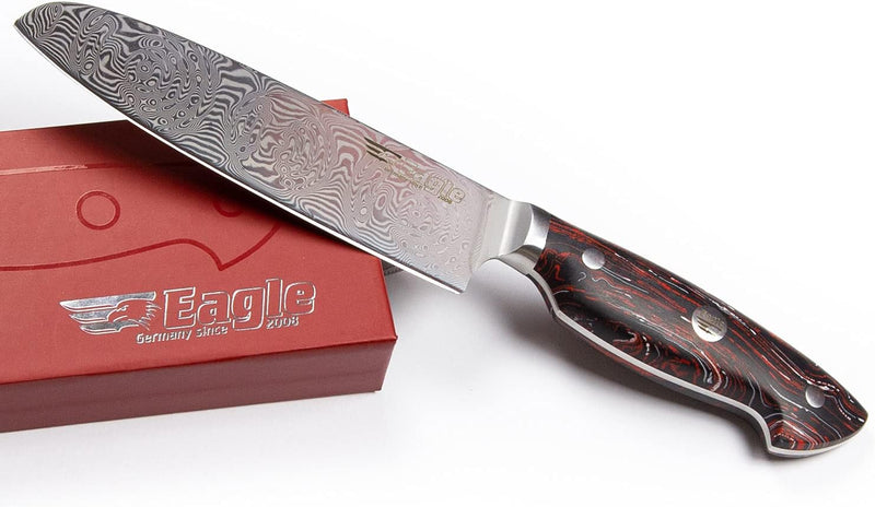 Eagle U-Grip - Santoku-Messer 13 cm - Voll-Damaststahl 108 Lagen/Heftschalen: G10 schwarz-rot-weiss