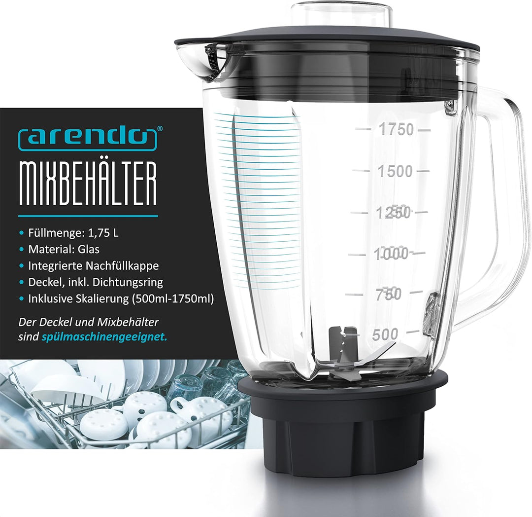 Arendo Standmixer Edelstahl 1400 Watt 24.000 U min inkl 1,75 l Glasbehälter Messbecher, kugelgelager