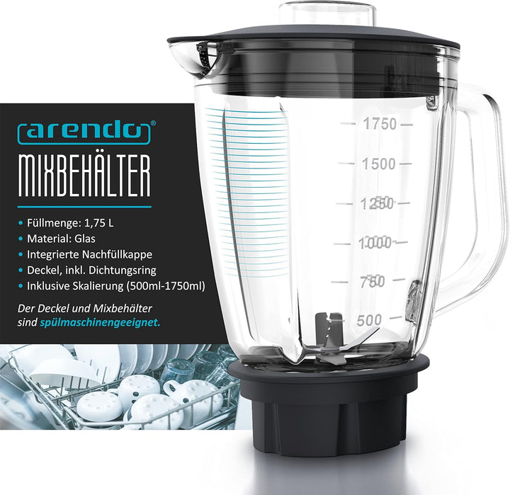 Arendo Standmixer Edelstahl 1400 Watt 24.000 U min inkl 1,75 l Glasbehälter Messbecher, kugelgelager