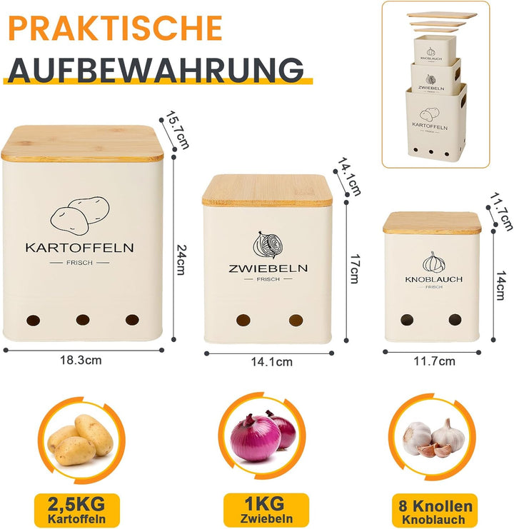 Kartoffel Aufbewahrungsbox, Aufbewahrung Kartoffeln Zwiebeln Knoblauch - 3er Set mit Bambusdeckel -