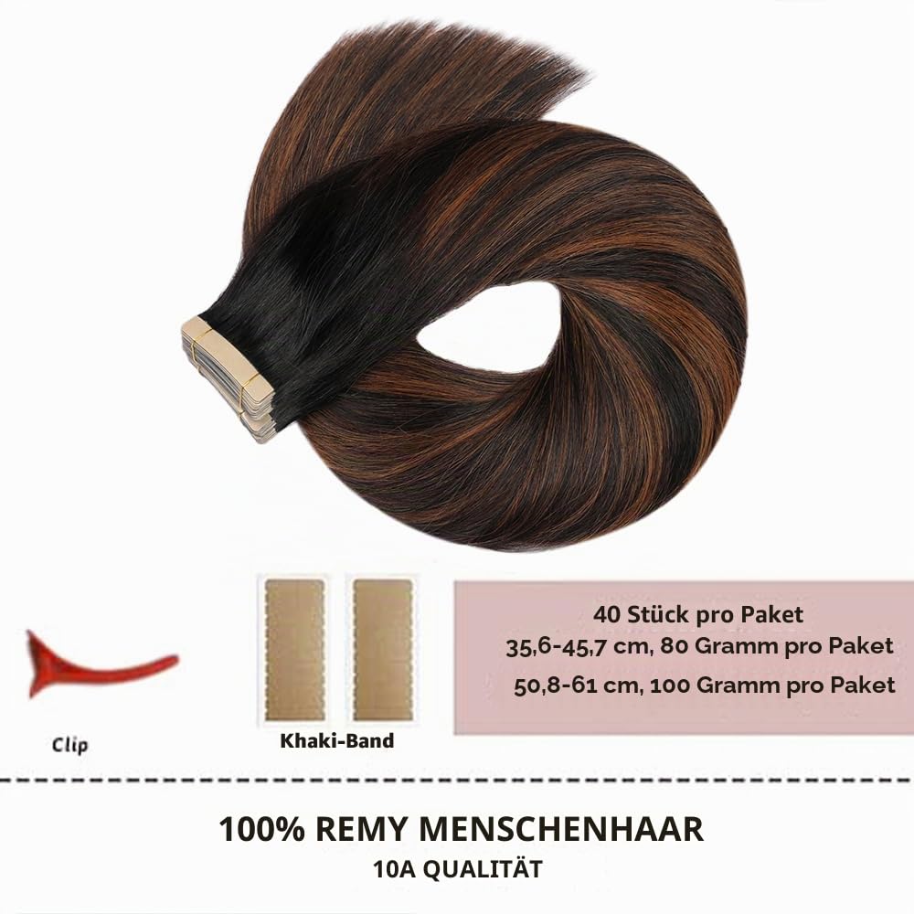 HotLulana Tape Extensions Echthaar Omber Off-Black Hellbraun Gemischt 20stück 40g 16zoll (40cm) 100%