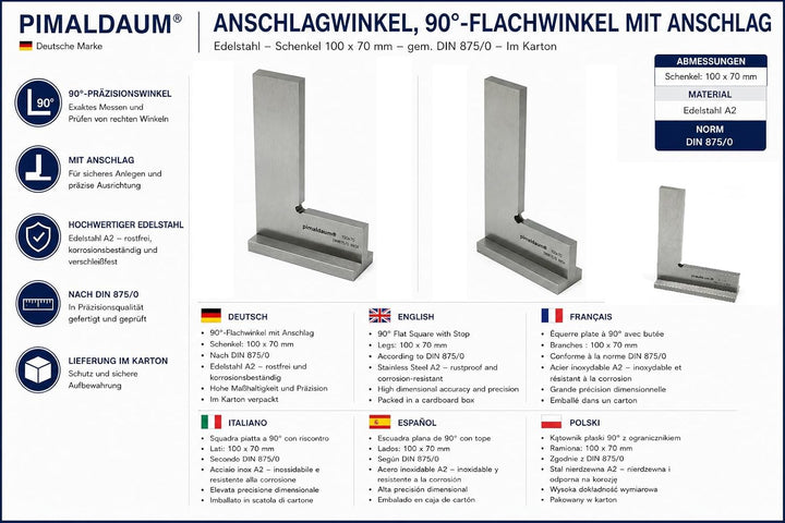 Anschlagwinkel, 90°-Flachwinkel mit Anschlag gem. DIN 875/0, Edelstahl (Metall, 100x70 mm) Metall 10