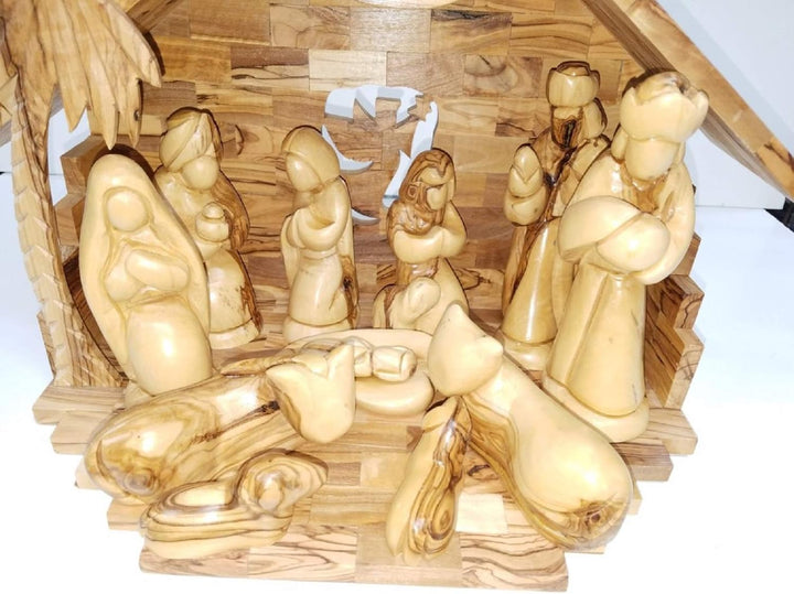 Geschnitzt aus Bethlehem Olivenholz Weihnachten Weihnachtskrippe Geschichte-Set mit Stall (27,9 cm M