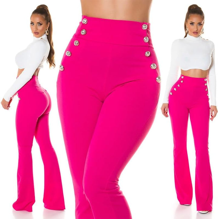 Koucla Stoff Business High Waist Schlag Hose mit Deko Knöpfe L Rosa, L Rosa