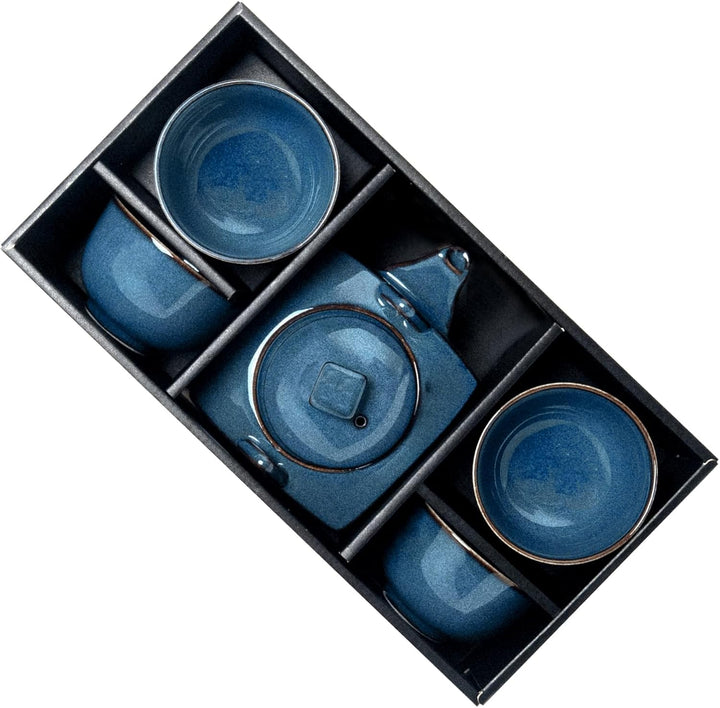 Original Japanisches Teeservice KONPEKI Blau Japan Porzellan Teeset in Geschenkbox Kanne 600 ml, KON