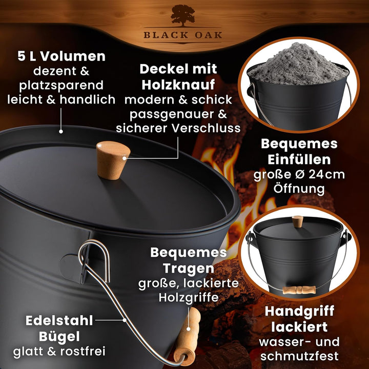 BLACK OAK Ascheeimer PAGO 5L - schwarz mit Deckel mit Holz-Griff + Feger + Schaufel & Handschuhen -