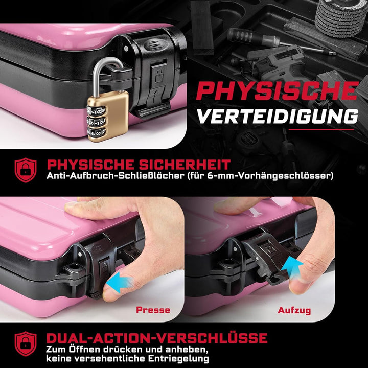 Rosa Werkzeugkasten, Tragbarer, Robuster Werkzeugkoffer aus Stahl mit Sicherheitsverschluss und Grif